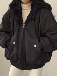 Women's Oversized Hooded Coat With Faux Fur Collar, Slimming Silhouette, Dual-Sided Pockets, Reversible, Casual Street Style, Short Jacket For Autumn/Winter