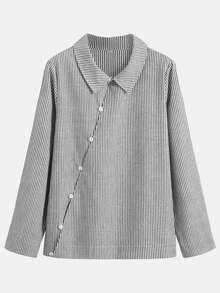 独特设计的不对称条纹长袖上衣 - 黑與白 - 查看 2