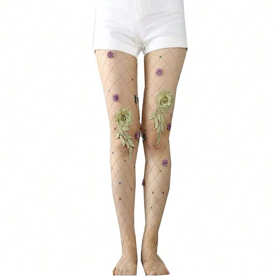 Ulalaza Sparkle Hollow Out Letter Nude Colorful Rhinestone Hot Drilling Fishnet Pantyhose Tights For Women Luminous - 多色1 - 查看 1