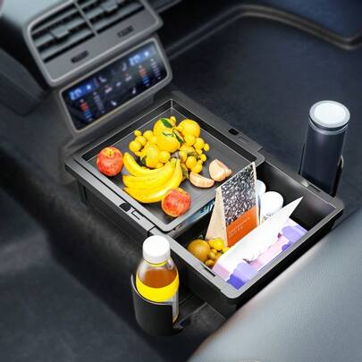 Organizador de consola central de coche con bandeja y portavasos, caja de almacenamiento multifuncional para vehículos para frutas, aperitivos, bebidas y accesorios