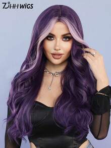 7JHH WIGS 挑染紫色长卷发假发中分紫色假发带臭鼬条纹合成假发适合女性万圣节派对角色扮演使用 28 英寸