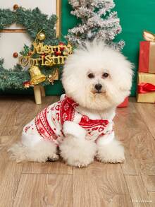 EOO 1pc Pet Hoodie Sweatshirt, Warm & Cozy Christmas Design For Small Dogs & Cats, Fashionable & Cute Fleece Outfit, Suitable For Autumn/Winter - Red and White - View 3
