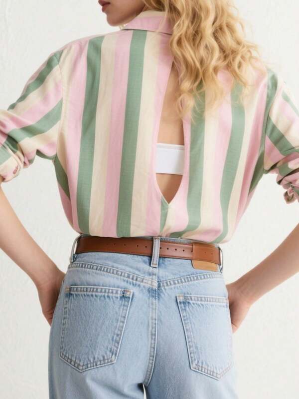 Top Casual com Botões na Frente e Costas Vazadas, Listrada em Arco-Íris Elegante, Top Versátil e de Alta Qualidade para Mulheres, para Todas as Estações