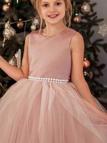 Tween Girls Bowknot Backless Deep V Mesh Princess Dress, Suitable For Easter, Birthday Parties, Pageants, Weddings, Formal Occasions - Pink - View 4