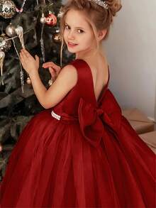 Tween Girl Bow Back Deep V Mesh Princess Dress, Girls Easter Party Dress Suitable For Birthday, Wedding, Flower Girl, Gala, Festival Occasion - Burgundy - View 4