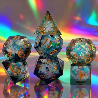 7pcs Set Transparent Reflective Resin Polyhedral Dice, Suitable For Outdoor Games, Board Games, Holiday Gifts, Includes Gift Box