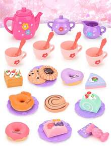 小女孩茶会套装，假装茶壶/糕点套装，公主茶时间玩厨房玩具，带茶壶、杯子，适合 4 5 6 岁儿童生日复活节礼物 - 彩色 - 查看 3
