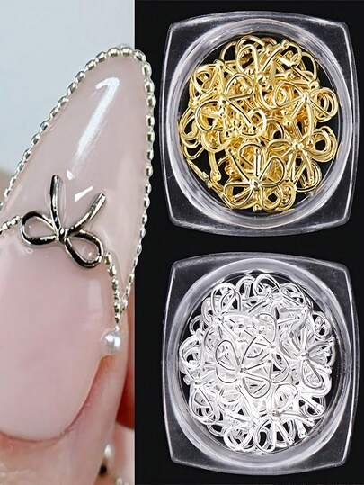 1 盒金属柳条蝴蝶结，金色和银色金色 3D 蝴蝶结美甲配件，简单漂亮的镂空金色和银色设计装饰品，适合 Y2K 金属星艺术魅力 DIY 美甲沙龙，美甲用品