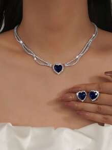 3pcs/Set Heart Shaped Red & Blue Necklace & Earrings Set, Suitable For Women's Party, Birthday, Holiday