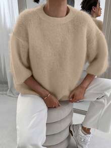 Old Money Style ,Retro, Dignified, Simple And Elegant All-White Crewneck 7-Quarter Sleeve Mohair Sweater For Women's Outerwear In Autumn,Christmas New Year - Apricot - View 7