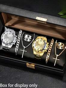 8件套男士金银商务时尚腕表套装，包含两套首饰和两块手表，锌合金表带，大圆形表盘，适合作为礼物、宴会、派对、圣诞节和万圣节礼物。 - 8件 - 查看 2