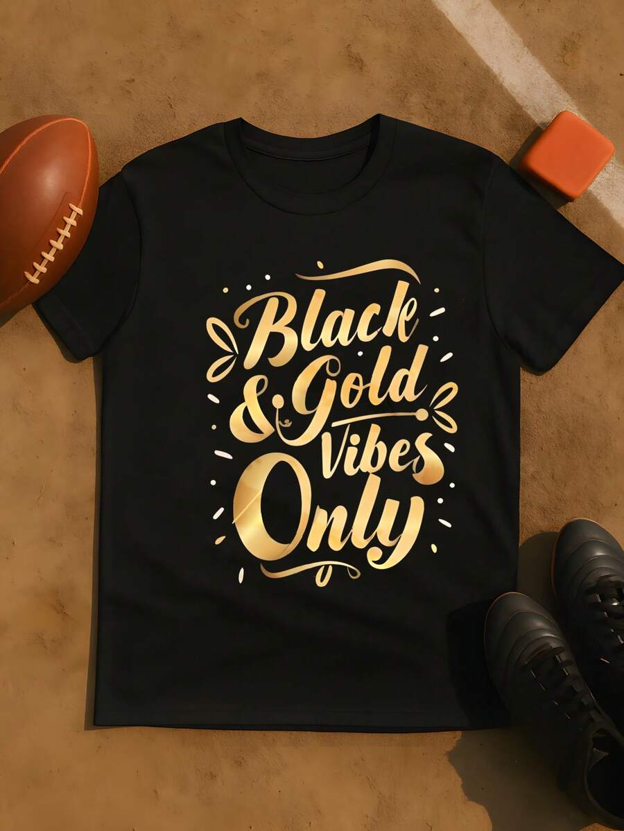 Black And Gold Vibes Only T Shirt For Men Women Graphic Tee Casual Short Sleeve Cotton Top Football Fan Apparel Sports Team Spirit Wear Streetwear Fashion Clothing Unisex - 黑色 - 查看 1