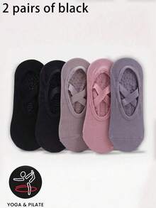 2/5 双女士瑜伽袜，防滑芭蕾舞袜，适合普拉提、芭蕾、健身 - 黑色、灰色、紫色、粉色、秋季