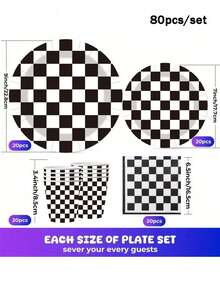 Black And White Checkered Themed 20/40/60/80/100 Disposable Tableware Set, Including 7-Inch Paper Tray, 9-Inch Cardboard, 9-Ounce Cup, Napkins, Suitable For Daily Gatherings, Birthday Parties, Bridal Showers, Baby Showers, Clubs, Weddings, Tea Parties - Multicolor - View 9