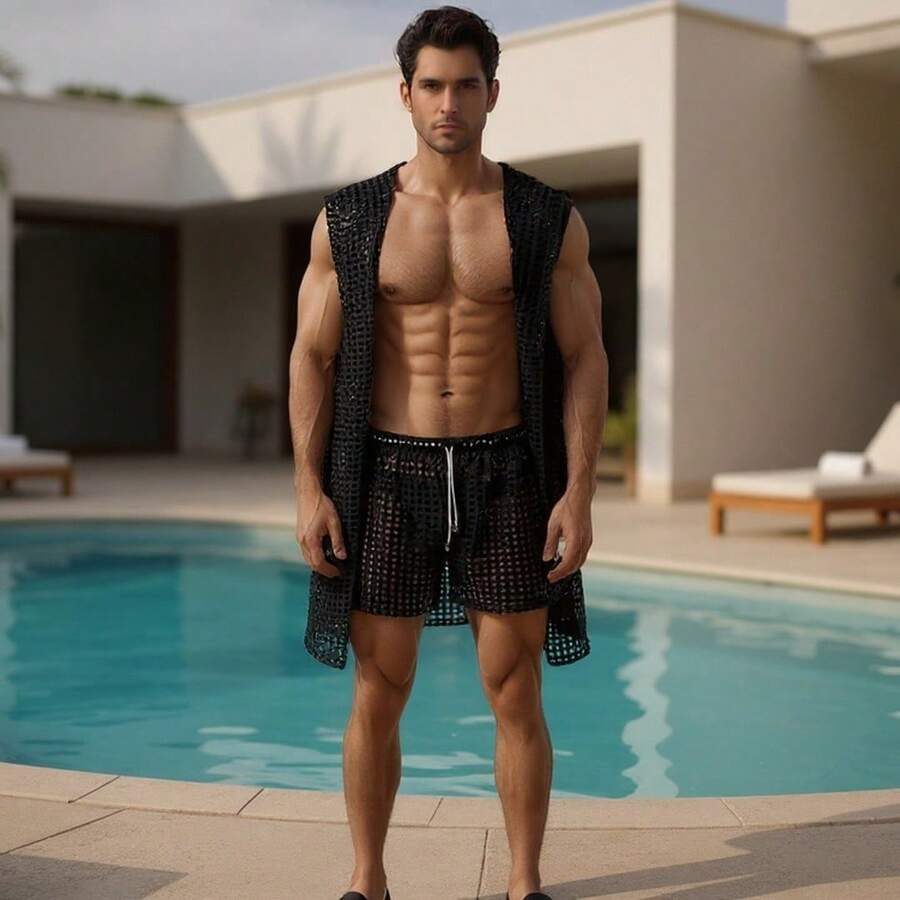 Men's Summer Beach Kimono + Shorts Beach Set - 黑色 - 查看 1