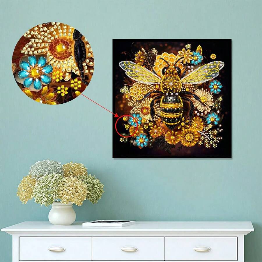 1pc Fancy Flower Golden Bee Diamond Painting Set, DIY Handicraft, Partially Inlaid With Irregular Diamonds, Can Be Completed Independently Or Given As A Handmade Gift To Family And Friends, Suitable For Home Decoration Artworks Such As Living Rooms, Bedrooms, And Study Rooms - 彩色 - 查看 1