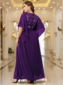Plus Elegant Sequin Floral Lace Chiffon Butterfly Sleeve Contrast Ruched Hem Formal Party Long Dress, Wedding Guest Dress - 紫色 - 查看 2