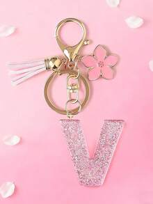 1pc DIY Pink 26 English Alphabet Keychain, Resin Glitter Flower Tassel Key Chain For Women Christmas Gift