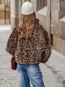 Chaqueta con capucha de manga larga con bolsillos con cremallera de estampado de leopardo, para uso casual en otoño/invierno - Multicolor - Ver 2