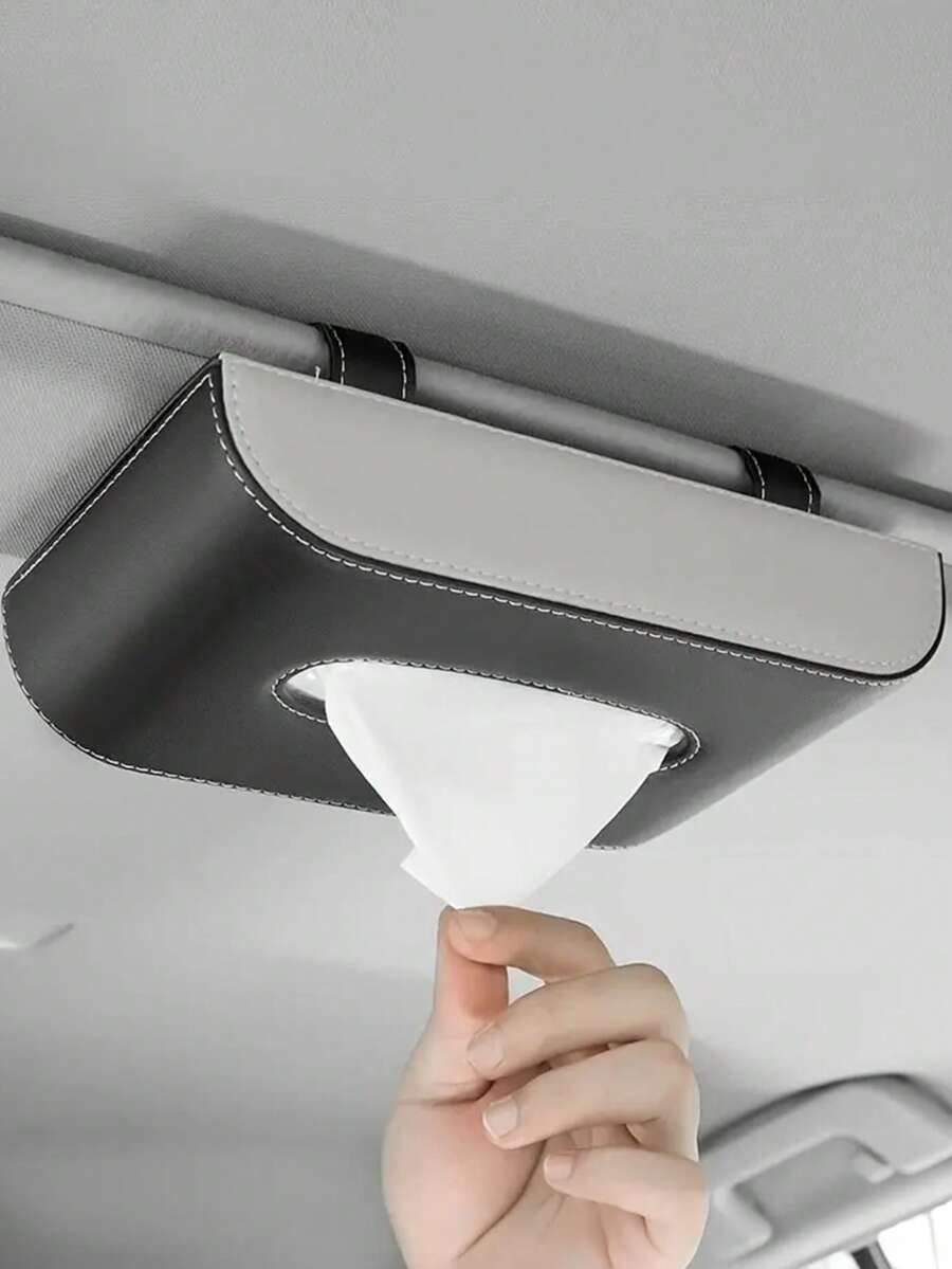优质 PU 皮革汽车纸巾盒、多功能汽车收纳盒、创意汽车扶手收纳架、安装式纸巾架 - 时尚黑色悬挂设计、易于使用和整理、便携式汽车配件、车辆配件 - 彩色 - 查看 1