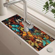 1 pièce Tapis de drain d'évier avec motif thème Hua Hudie, en terre de diatomées à séchage rapide et en caoutchouc antidérapant avec absorption de l'humidité, pour cuisine/salle de bain. Tapis de protection antidérapant en silicone en boue de diatomées pour robinet, tapis de drain de cuisine, protecteur de lavabo, convient à tous les types de robinets de salle de bain et de cuisine.