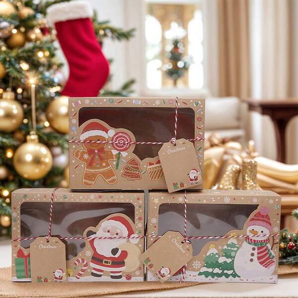 12Pcs Christmas Paper Cookie Box Set Santa Claus Prints Present Box For Wrapping Party Celebrations