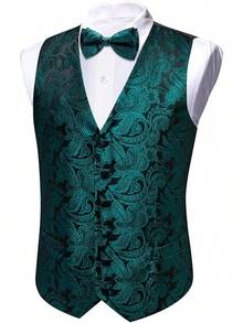 Formal Men Vest V-Neck Suit Vests Tie Bowtie Set Paisley Jacquard Waistcoat Clip Hanky Cufflink Lapel Pin Wedding 8PCShalloween - 墨綠色 - 查看 7