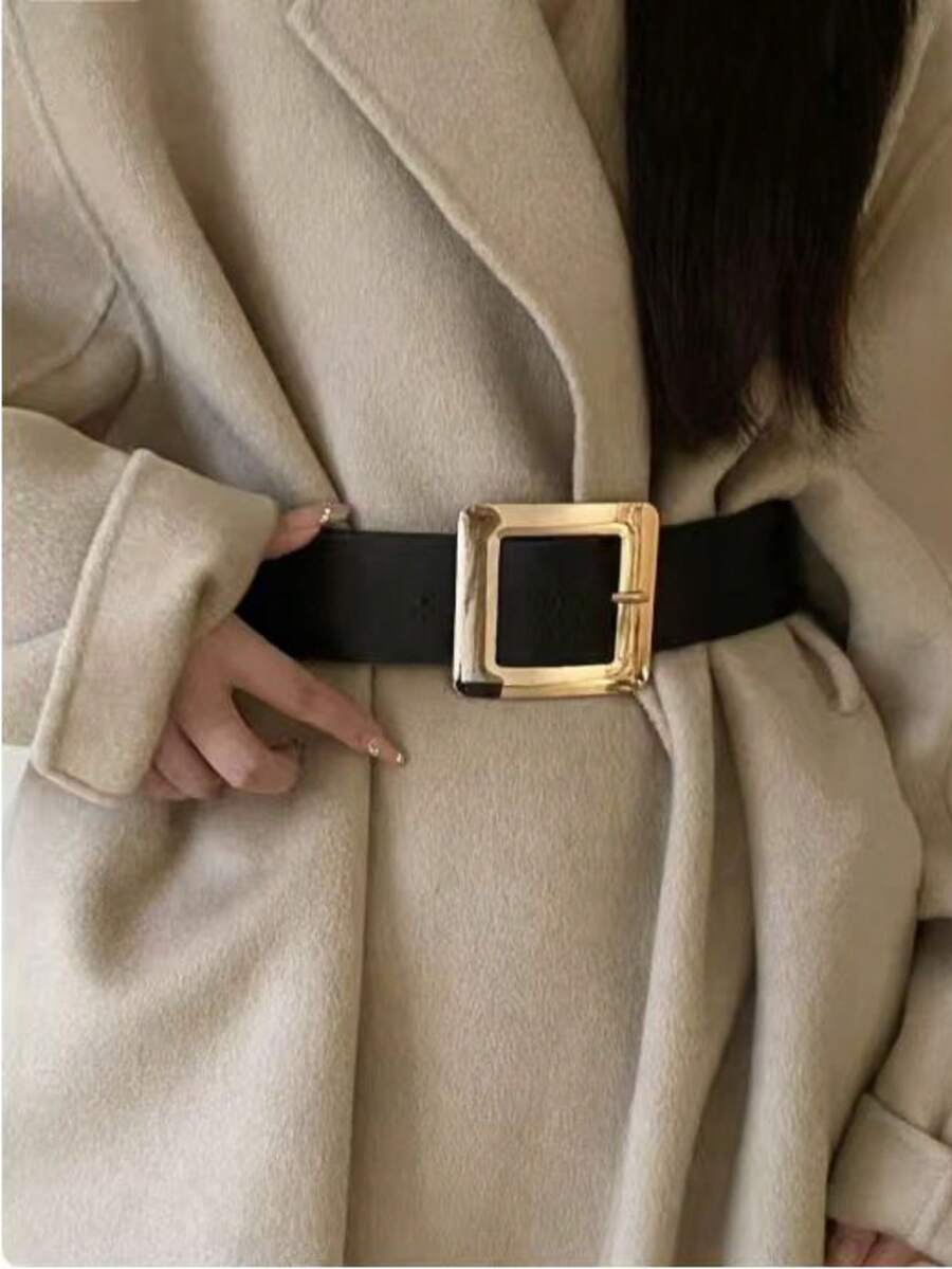 1pc Women's Black PU Leather High-Quality Metal Buckle Personalized Wide Waist Belt