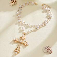 2pcs/Set Women's Fashion Baroque Style Cross Pendant Faux Pearl Copper Necklace, Summer