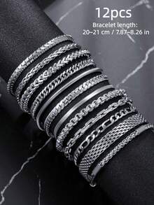 Conjunto de 12 pulseiras de aço inoxidável, corrente cubana da moda, pulseira imperial, corrente de cobra, adequado para uso diário, presente perfeito para entes queridos ou amigos, joias de Natal