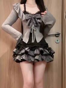 Girls' Autumn Pure Desire Hot Girl Suit Black Lace Suspender Gray Knit Cardigan Short Skirt - Váy tutu liền thân màu đen và xám - Xem 8