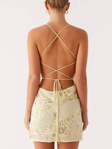 Womens Sequin Mini Dress Y2k Sparkly Floral Spaghetti Strap V Neck Bodycon Short Dress Sexy Backless Pearl Embellished Glitter Rhinestone Going Out Cami Dress Cocktail Party Club Streetwear - 黃色 - 查看 2