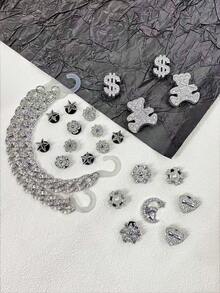 24 szt. DIY: Buty ogrodowe ze srebrnym kryształowym łańcuszkiem, klamrą, kokardą z kryształkami i monetą, ozdobne guziki, zdejmowane akcesoria, odpowiednie do obuwia plażowego, butów z wycięciami, na każdą porę roku, prezentów świątecznych