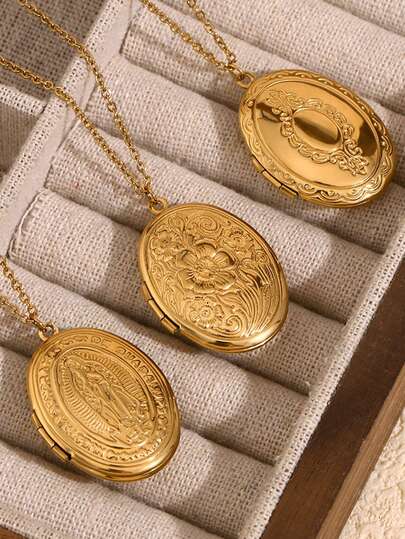 1 colar vintage versátil de alta qualidade com retrato floral elíptico em relevo, banhado a ouro 18K, acessório de nicho de luxo moderno, adequado para presente