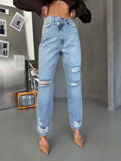 SQUALO Women's Blue Washed, Ripped, And Distressed Effect Jeans Street Style