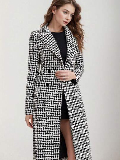 Abrigo largo cruzado de pata de gallo para mujer