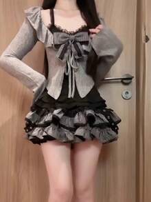 Girls' Autumn Pure Desire Hot Girl Suit Black Lace Suspender Gray Knit Cardigan Short Skirt - Váy tutu liền thân màu đen và xám - Xem 4