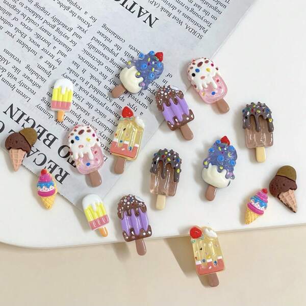16pcs Cute Flat Ice Cream Resin Decorations, DIY Popsicle Craft Supplies, For Decorating Phone Cases, Cups, Shoes, Frames, Keychains, Holidays, New Year Gifts