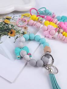1pc Bowknot Silicone Beaded Colorful Keychain, Tassel Charm Wristlet Keyring, Bag Pendant Accessory, Key Chain, Car Key Anti-Lost Chain, Gift For Friends, Family, Teachers, Back To School Christmas