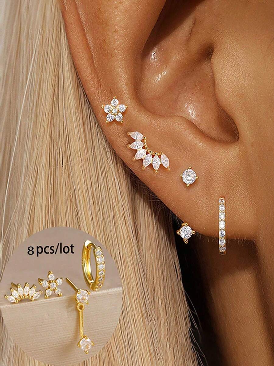 4pcs/8pcs Exquisite Cubic Zirconia Flower Stud Earrings Set Fashion Stack Earring Ear Piercing Jewelry For Women Party, Daily Wear - LM-flower Earrings Set - View 1
