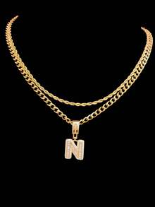 2pcs/Set 1pc Cubic Zirconia Letter Pendant & 2pcs Stainless Steel Chain Necklaces, 26 English Letters, Unisex Fashion Classic Hip Hop Vintage Pendant Necklaces, Suitable For Daily Wear Or Parties, Gift For Lover - Yellow Gold - View 32