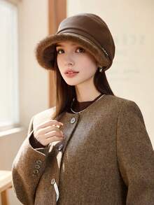 1pc Women's New Autumn/Winter Velvet Trim Metal Decor Baseball Cap, Elegant Lady Style Wide Brim Bucket Hat, Breathable Lightweight Warm, Washable, Suitable For Casual Outings In Fall/Winter