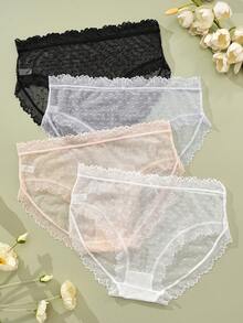 4件/包 女士无缝性感蕾丝薄纱蝴蝶结花卉图案内衣 - 彩色 - 查看 3