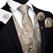 Fashion Vest For Men Paisley Jacquard Tie Waistcoat Bow Tie Hanky Lapel Pin Cufflinks Set Wedding 7PCShalloween - 金色 - 查看 7