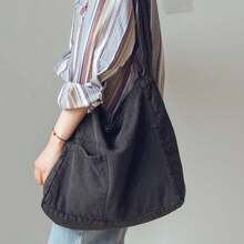 Women Denim Tote Bag Large Capacity Shoulder Purse Lightweight Hobo Bag With Wide Strap - 黑色 - 查看 2