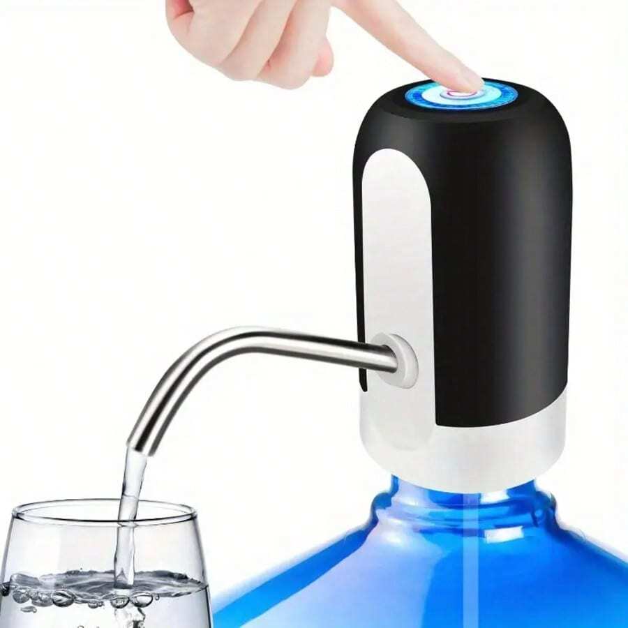 1pc Shiny Black And White Electric Water Pump, USB Rechargeable Electric Water Pump, One-Click Operation, Leak-Proof, Blue Light Display, Motor-Driven Pumping. Suitable For Home Kitchen, Living Room, Party, Outdoor Camping Practical Tool, Holiday Small Gift - Multicolor - View 1