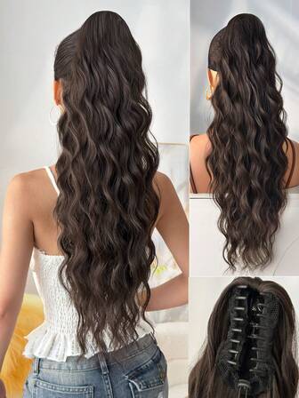 Kloformad hästsvansförlängning, mörkbrun 24 tum vattenvågig värmebeständig fiber syntetisk hästsvansperuk, lämplig för kvinnors dagliga användning