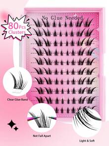 80pcs C-Curl Self-Adhesive False Eyelash Clusters, Natural Cartoon Makeup Effect, No Glue Needed, Invisible Tape For Fox Eyes - Long Lasting, No Sticky Residue, Pre-Glued Fake Lashes - C - View 8