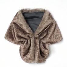 1pc Women's Elegant Faux Fur Shawl, V-Neck Thick Faux Fur Shawl With Pleated Design, Suitable For Party, Prom, Bride & Bridesmaid - Khaki - View 8