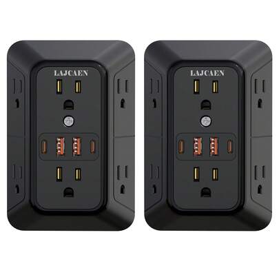 2 Pack Wall Outlet Extender - 6 AC Outlets & 4 USB Charger (2 USB C Ports), 1050J Surge Protector Power Strip, 3-Side Space Saving Design, Wall Mountable For Home, Dorm, Office Essentials